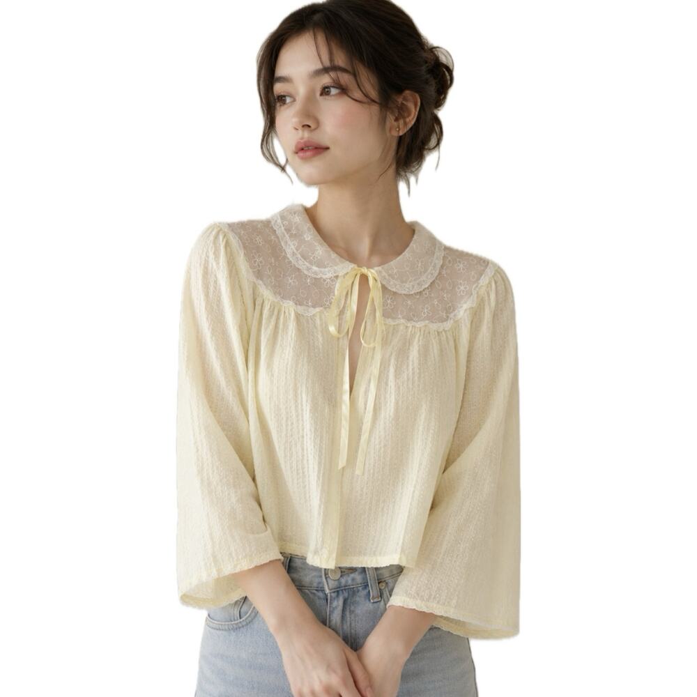 1940s Seersucker Bed Jacket Blouse Sheer Lace Collar Crop Top 42 Bust -